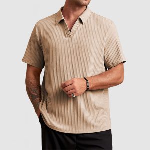 Men's Cotton Knit Striped Textured Short Sleeve Polo Shirt - Khaki