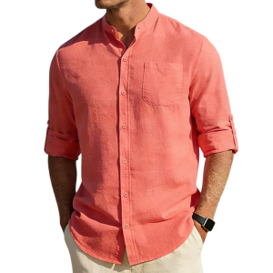 Men’s Cotton Linen Band Collar Shirt - Coral red