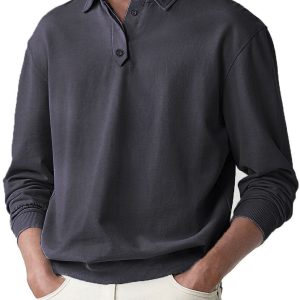 Men's Soild Color Polo Shirt Long Sleeve - Black