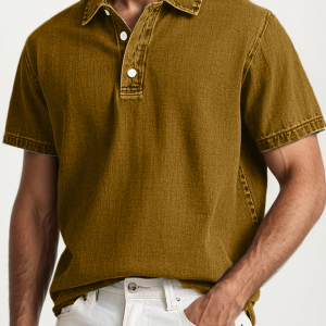 Men's Fashion Retro Washed Distressed Cotton Lapel Short Sleeve Polo Shirt - Brown