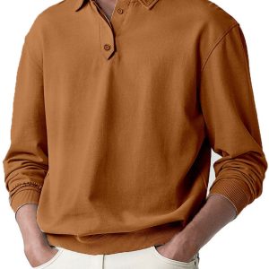 Men's Soild Color Polo Shirt Long Sleeve - Brown