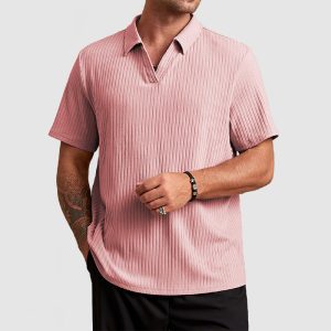 Men's Cotton Knit Striped Textured Short Sleeve Polo Shirt - Pink