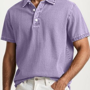 Men's Fashion Retro Washed Distressed Cotton Lapel Short Sleeve Polo Shirt - Purple