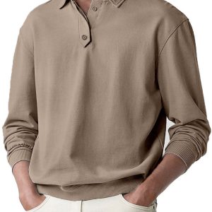 Men's Soild Color Polo Shirt Long Sleeve - Khaki