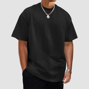 Men's Summer Solid Color Vertical Strip Short-Sleeved T-Shirt - Black