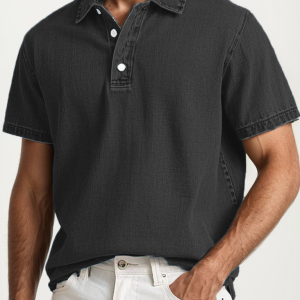 Men's Fashion Retro Washed Distressed Cotton Lapel Short Sleeve Polo Shirt - Black