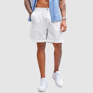 Men’s Linen Shorts Classic Fit Casual Elastic Waist Summer Beach Shorts - White