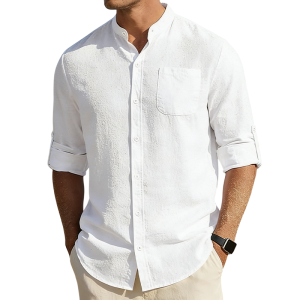Men’s Cotton Linen Band Collar Shirt - White