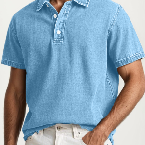 Men's Fashion Retro Washed Distressed Cotton Lapel Short Sleeve Polo Shirt - Sky Blue