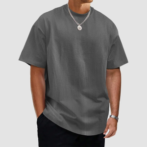 Men's Summer Solid Color Vertical Strip Short-Sleeved T-Shirt - Gray
