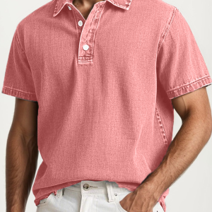 Men's Fashion Retro Washed Distressed Cotton Lapel Short Sleeve Polo Shirt - Pink
