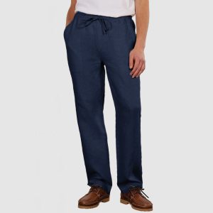 Men's Daily Casual Cotton Linen Lace-Up Trousers - Navy Blue