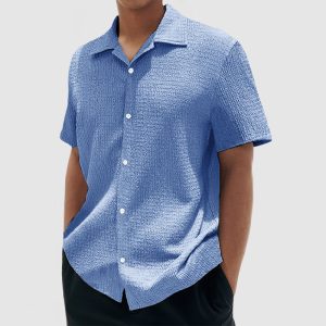 Men's Everyday Casual Cotton Textured Short Sleeve Shirt - Blue