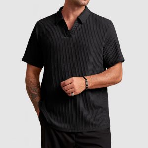 Men's Cotton Knit Striped Textured Short Sleeve Polo Shirt - Black