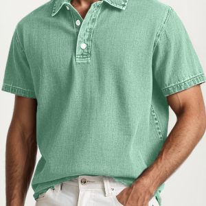 Men's Fashion Retro Washed Distressed Cotton Lapel Short Sleeve Polo Shirt - Green