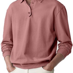 Men's Soild Color Polo Shirt Long Sleeve - Pink