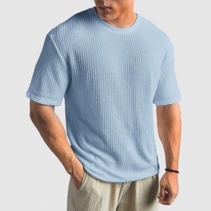 Men's Casual Knit Textured Breathable Crew Neck T-Shirt - Sky Blue
