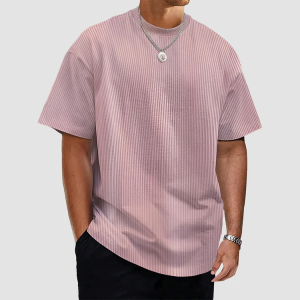 Men's Summer Solid Color Vertical Strip Short-Sleeved T-Shirt - Pink