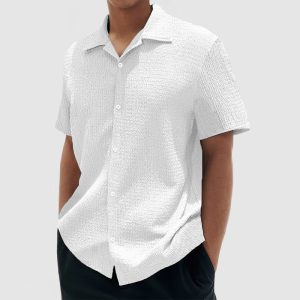 Men's Everyday Casual Cotton Textured Short Sleeve Shirt - White