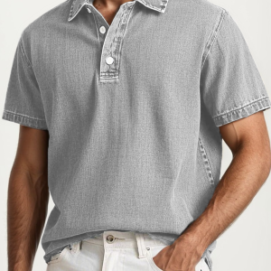 Men's Fashion Retro Washed Distressed Cotton Lapel Short Sleeve Polo Shirt - Grey