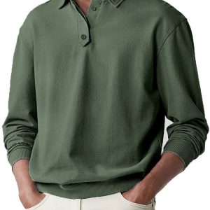 Men's Soild Color Polo Shirt Long Sleeve - Army green
