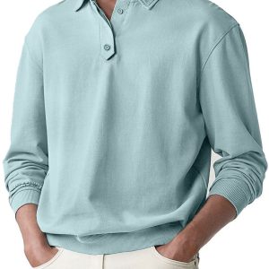 Men's Soild Color Polo Shirt Long Sleeve - Light Green