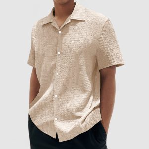 Men's Everyday Casual Cotton Textured Short Sleeve Shirt - Apricot