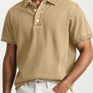 Men's Fashion Retro Washed Distressed Cotton Lapel Short Sleeve Polo Shirt - Khaki