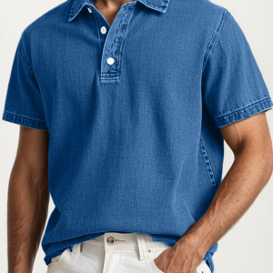 Men's Fashion Retro Washed Distressed Cotton Lapel Short Sleeve Polo Shirt - Blue