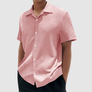 Men's Everyday Casual Cotton Textured Short Sleeve Shirt - Pink