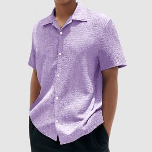 Men's Everyday Casual Cotton Textured Short Sleeve Shirt - Purple