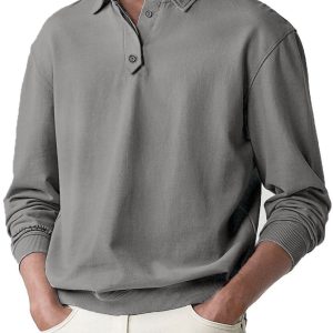 Men's Soild Color Polo Shirt Long Sleeve - Grey