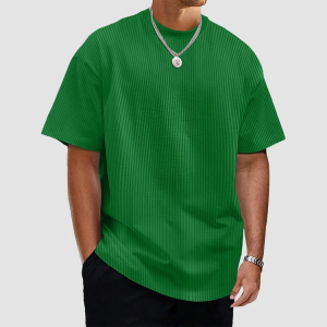 Men's Summer Solid Color Vertical Strip Short-Sleeved T-Shirt - D-Green