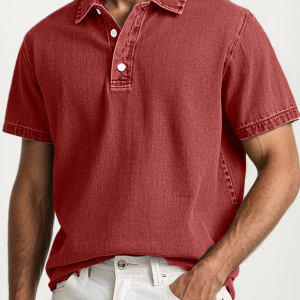 Men's Fashion Retro Washed Distressed Cotton Lapel Short Sleeve Polo Shirt - Red