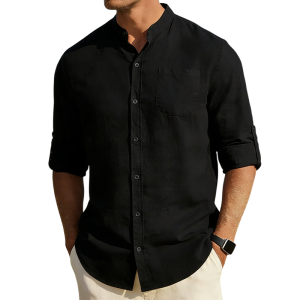 Men’s Cotton Linen Band Collar Shirt - Black