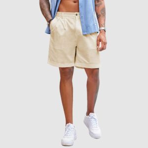 Men’s Linen Shorts Classic Fit Casual Elastic Waist Summer Beach Shorts - Beige