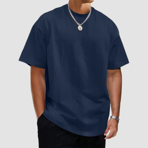 Men's Summer Solid Color Vertical Strip Short-Sleeved T-Shirt - Navy
