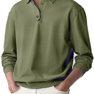 Men's Soild Color Polo Shirt Long Sleeve - Green