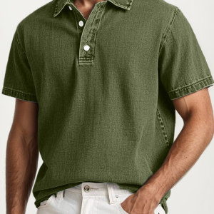 Men's Fashion Retro Washed Distressed Cotton Lapel Short Sleeve Polo Shirt - Army