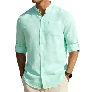 Men’s Cotton Linen Band Collar Shirt - Mint green
