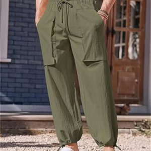 Large Size Casual Pants Cotton Linen Loose Drawstring Drawstring Feet Solid Color Pants - Army Green