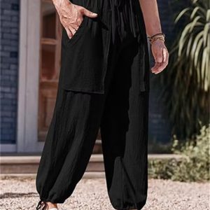 Large Size Casual Pants Cotton Linen Loose Drawstring Drawstring Feet Solid Color Pants - Black