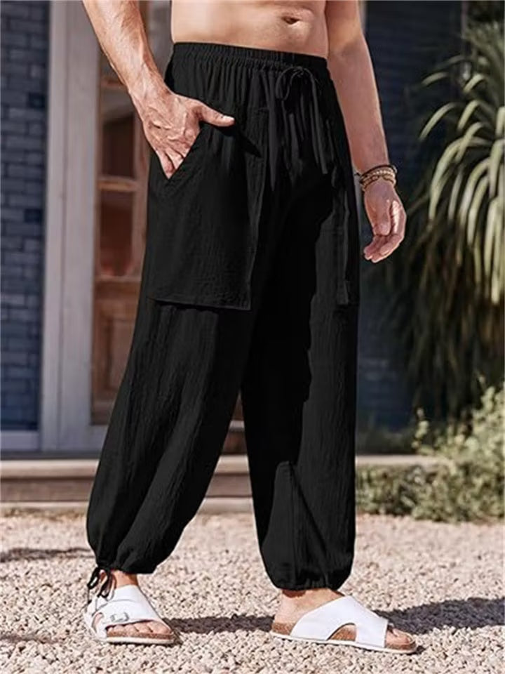 LargeSizeCasualPantsCottonLinenLooseDrawstringDrawstringFeetSolidColorPantsBlack.jpg