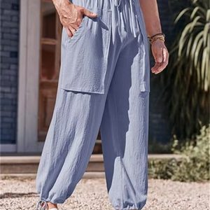 Large Size Casual Pants Cotton Linen Loose Drawstring Drawstring Feet Solid Color Pants - Gray Blue