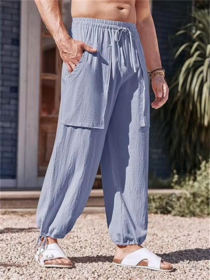 LargeSizeCasualPantsCottonLinenLooseDrawstringDrawstringFeetSolidColorPantsGrayBlue.jpg