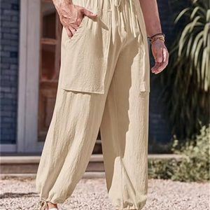 Large Size Casual Pants Cotton Linen Loose Drawstring Drawstring Feet Solid Color Pants - Khaki