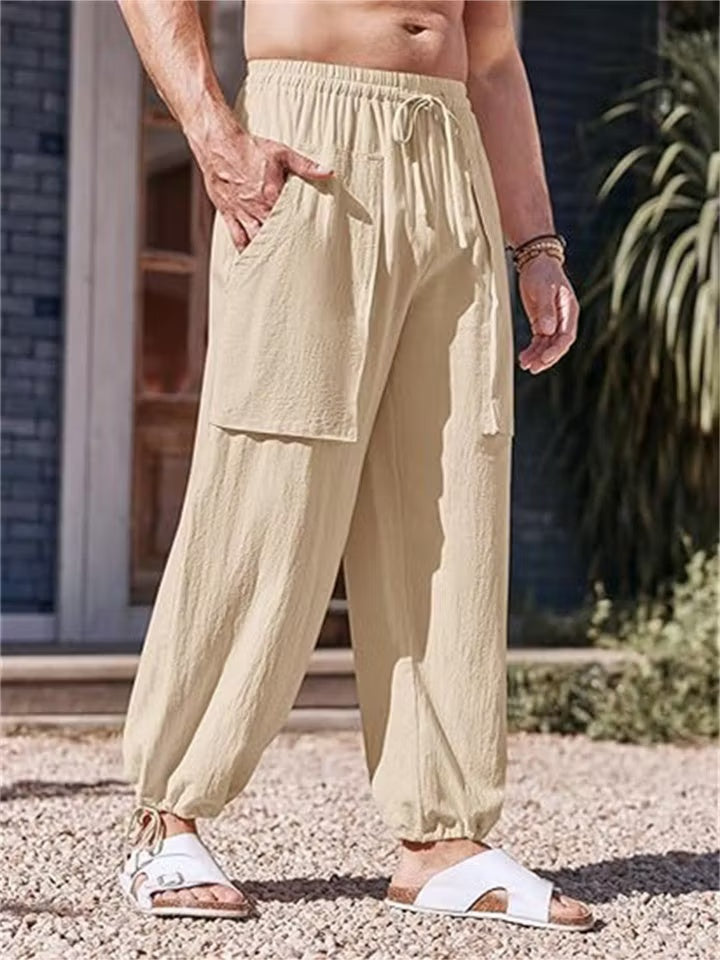 LargeSizeCasualPantsCottonLinenLooseDrawstringDrawstringFeetSolidColorPantsKhaki.jpg