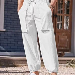 Large Size Casual Pants Cotton Linen Loose Drawstring Drawstring Feet Solid Color Pants - White