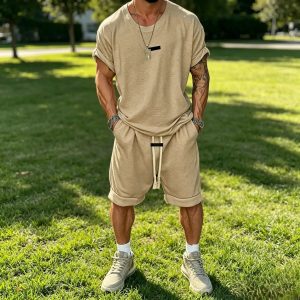 Athleisure Fusion T-Shirt Shorts Sets - Khaki