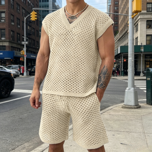 Breathable Mesh Knit Casual Sets - Khaki